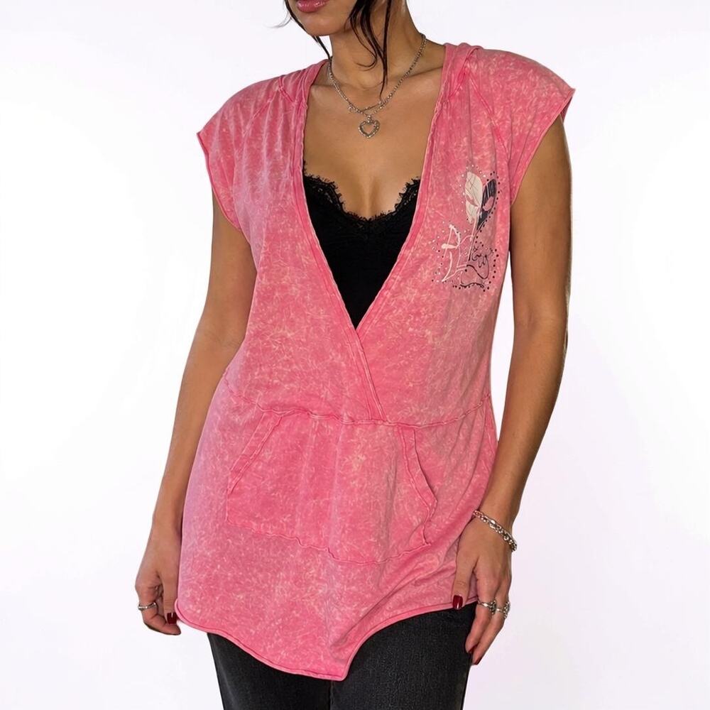 Anama Pink Acid Wash Hooded Graphic Tunic Top Studded Medium Large